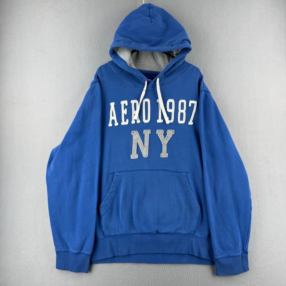 Vintage Y2K Aeropostale Hoodie Mens 3XL Blue Sweatshirt‎ Patch Logo Surf
